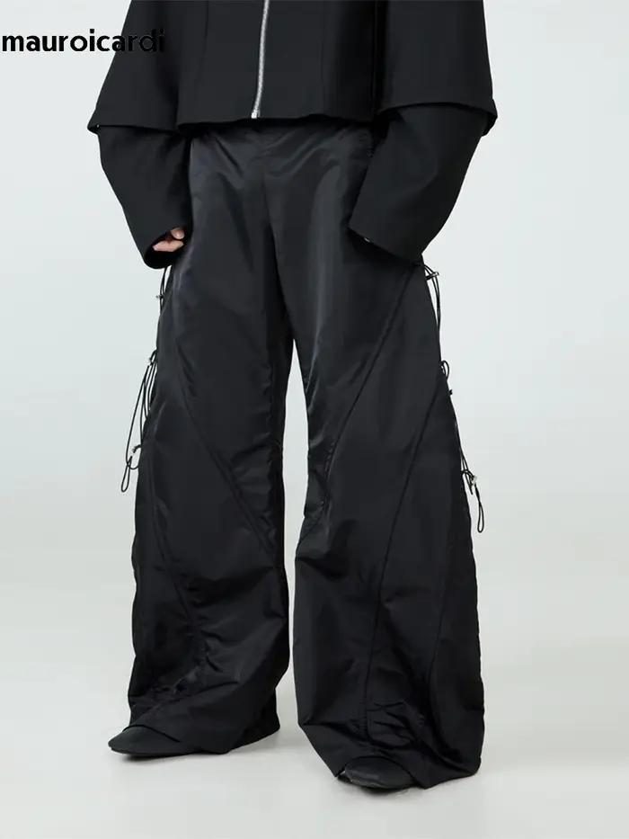 Mauroicardi-Pantalon Baggy Noir à Jambes Larges pour Homme, Taille artificiel astique, Long, Décontr