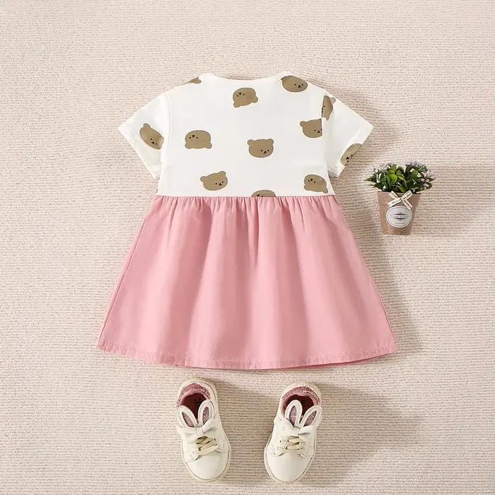 Robe d'été en coton pour petites filles, imprimé ours en peluche, manches courtes, fausse robe à bre