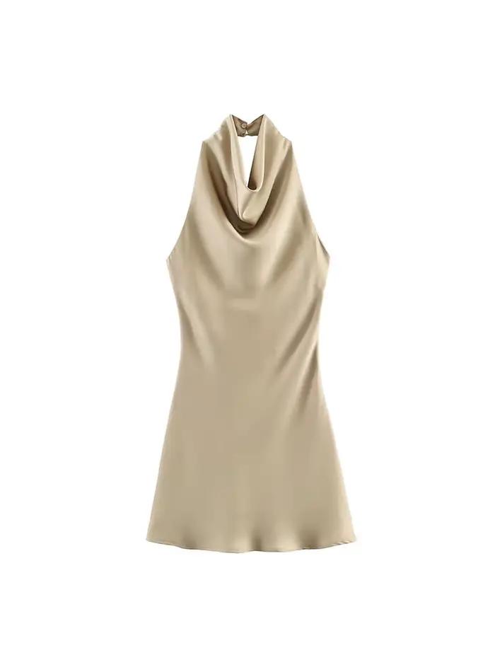 Robe Courte Halter Élégante en Satin pour Femme – Collection Été 2026 – Sexy, Dos Nu, Couleur Unie –