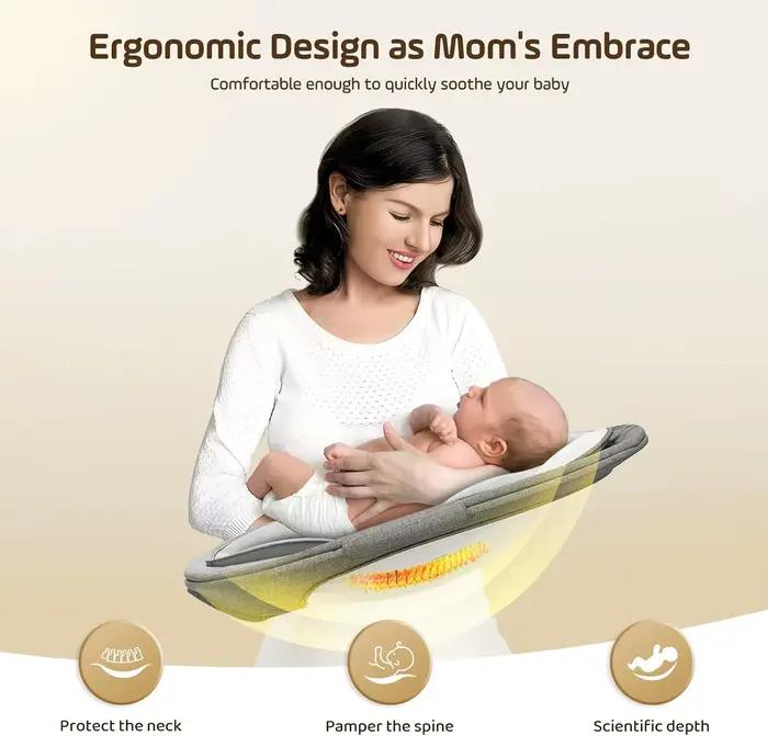 Balançoire électrique grise pour bébé, chaise longue avec télécommande et application de style comma