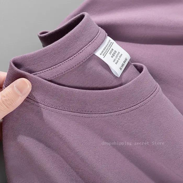T-shirt en coton kaki épais 600G pour homme, style minimaliste, coupe ample décontractée, manches co