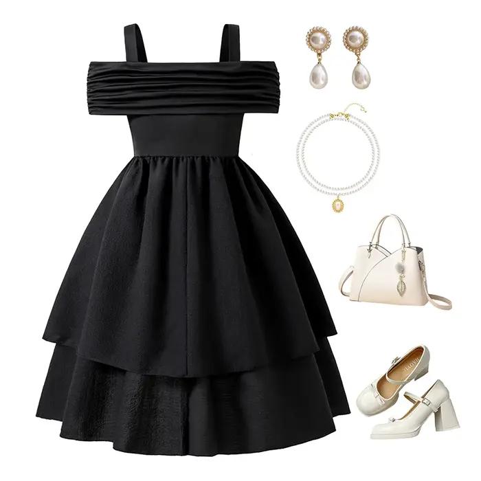 Robe d'été noire pour filles, couleur unie, écharpe, manches courtes, froncée, à plusieurs niveaux,
