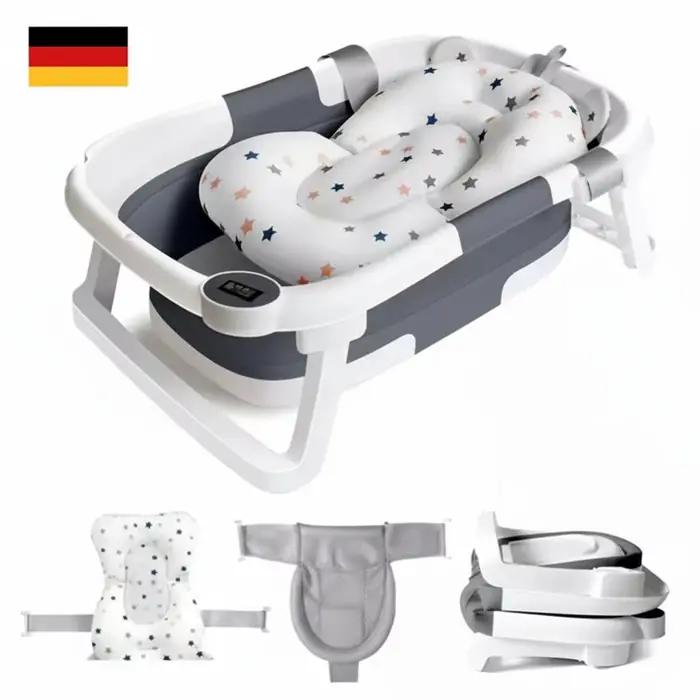 Baignoire pliable pour bébé avec capteur de température et coussin doux, en PP+TPR non toxique, bass
