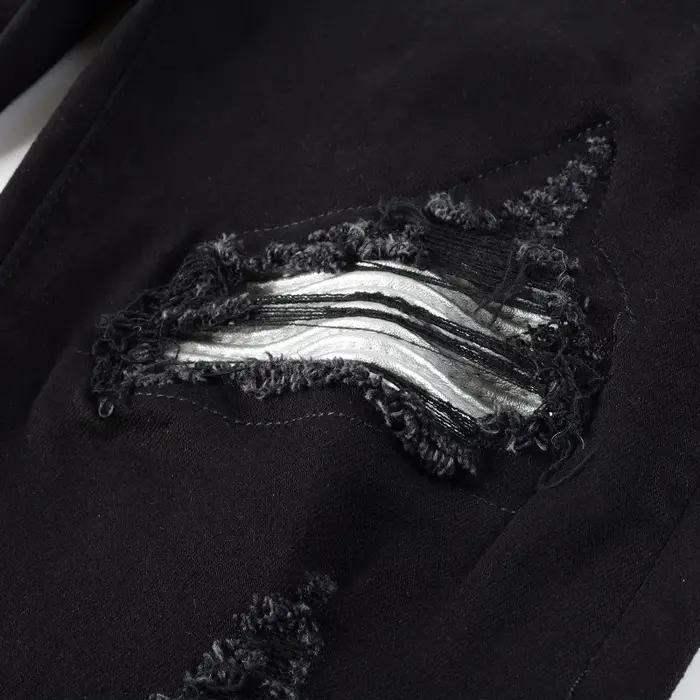Jean de motard en cuir fissuré pour homme, pantalon en Denim Stretch, effilé, déchiré, Patchwork noi