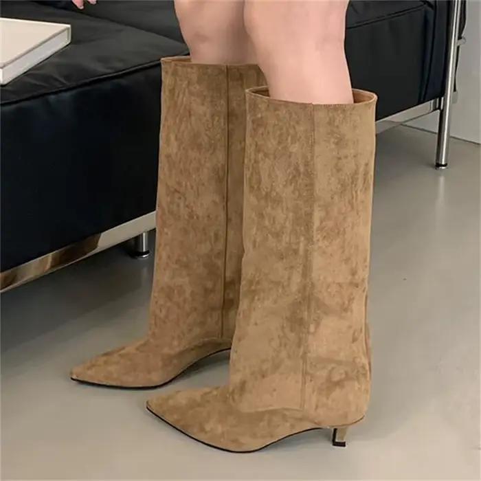 Automne hiver Style De rue bout pointu bottes hautes femmes talons bas chaussures femme chaussons lo