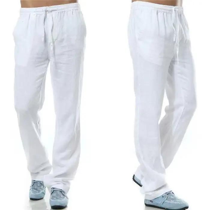 Pantalon en coton et lin pour homme, respirant, couleur unie, Fitness, Streetwear, dos avec poche, n
