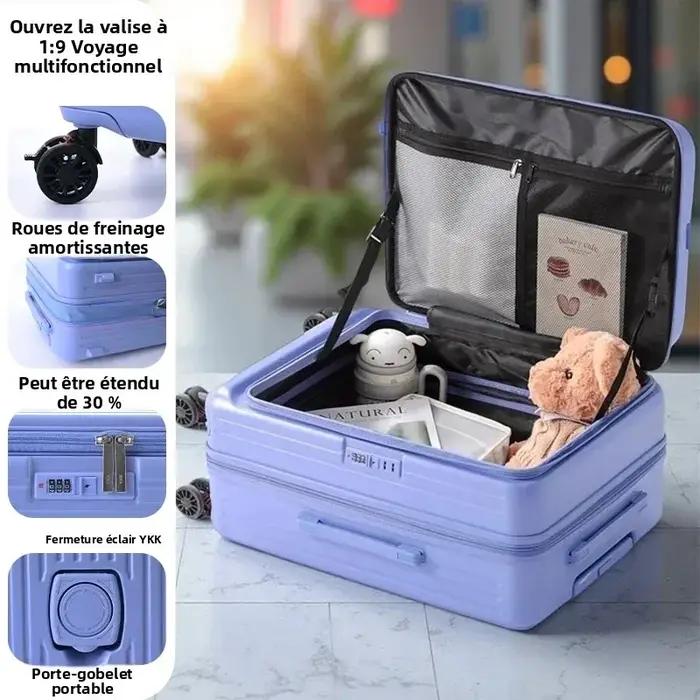 Valise extensible multifonctionnelle à ouverture frontale avec porte-gobelet
