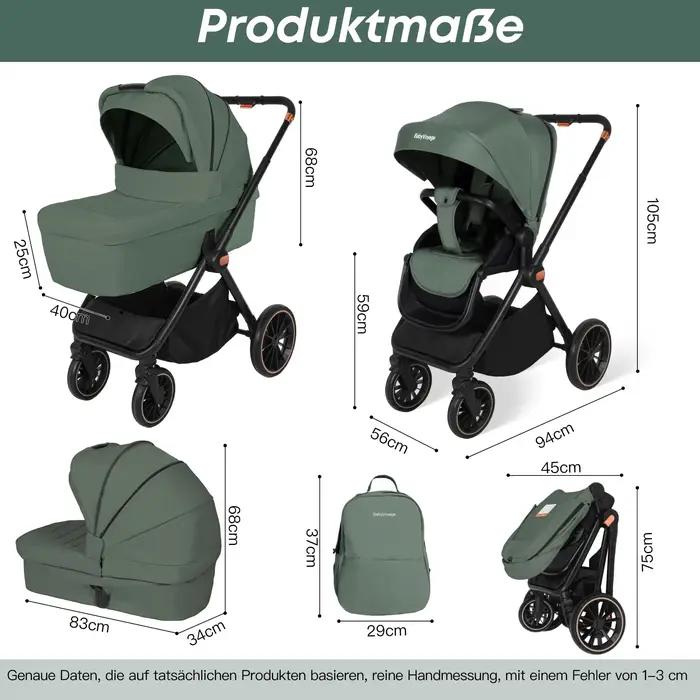 Poussette bébé 3 en 1 avec siège auto I-Size, cadre en aluminium, poussette pliable 0-26 kg, pousset