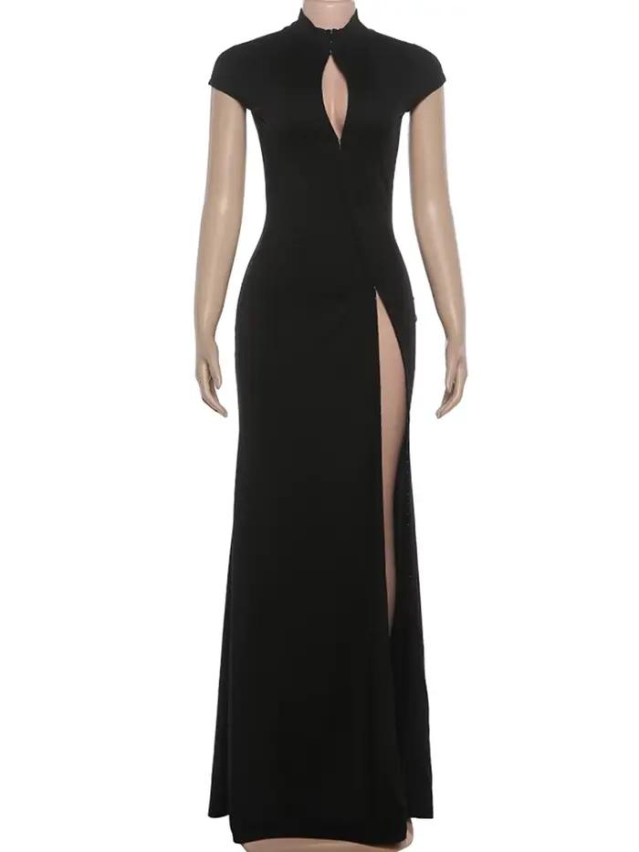 Kliou – robe longue Sexy pour femme, couleur unie, col mi-haut, manches courtes, Design creux, soiré