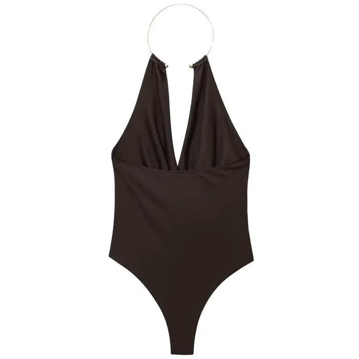 HXAO marron licou body femmes été body pour femmes Sexy épaules nues sans manches string body avec d
