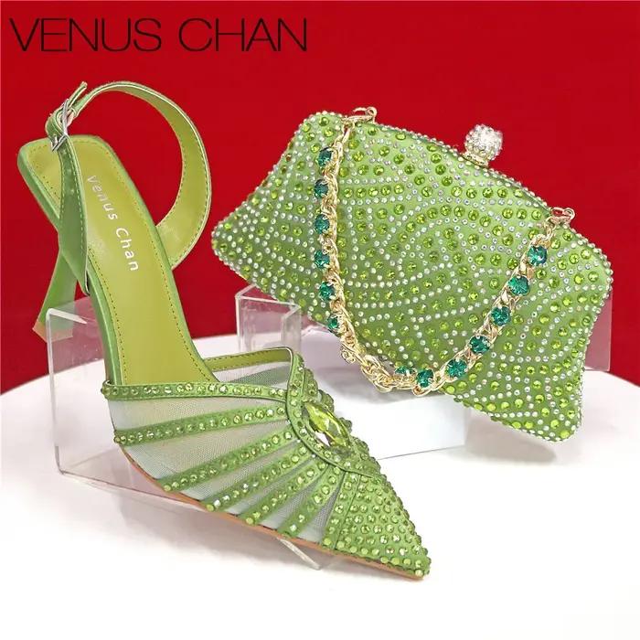 Ensemble de sacs à main élégants à talons verts et strass pour femmes, vert fruit, Design italien po