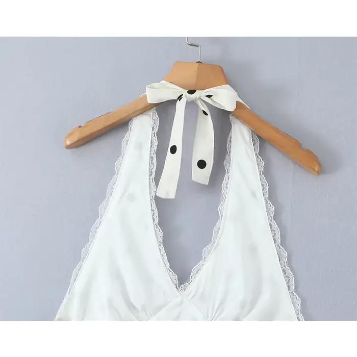 YENKYE dentelle épissé à pois Robe licou femmes élégant a-ligne Mini Sexy dos nu robes Robe d'été 20