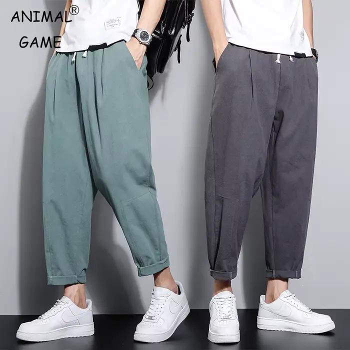 Streetwear hommes coton pantalon décontracté couleur unie pantalons longs respirant cordon pantalon