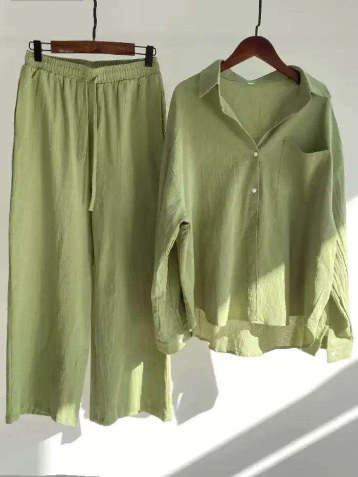 Costume chemise en coton et lin pour femmes, nouvelle tendance, taille haute, pantalon ample, ensemb