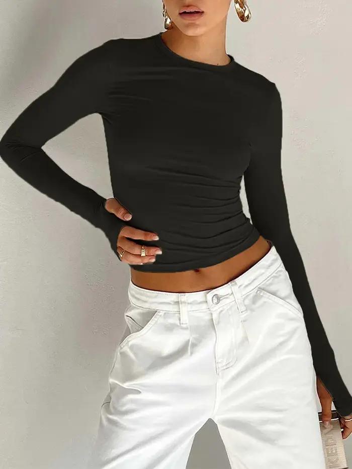 Mode femmes T-shirt à manches longues col rond solide coupe ajustée dames haut court avec trous pour