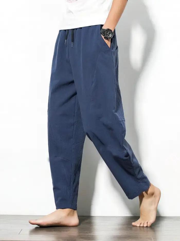 Coton lin survêtement pantalon hommes Baggy pantalon décontracté mâle marche jambe large lâche coton