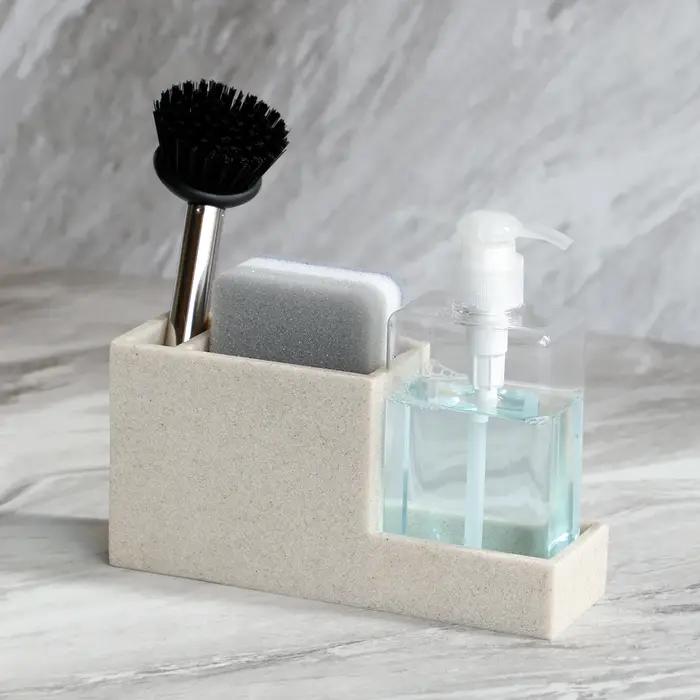 Porte-éponge et rangement d'accessoires de cuisine organisateur d'éponge avec porte-brosse et distributeur de savon pour une évier propre et ordonné