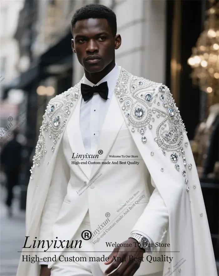 Costume haut de gamme en diamant pour hommes, vêtements perlés, cape de marié, smoking de bal, ensem