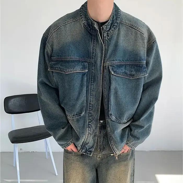 Vestes en jean à col montant tendance pour hommes, style américain ample, décontractées, vintage, dé