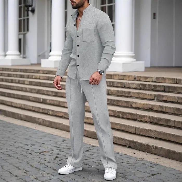 Nouveau costume d'automne pour hommes, chemise gaufrée à manches longues de couleur unie avec cardig