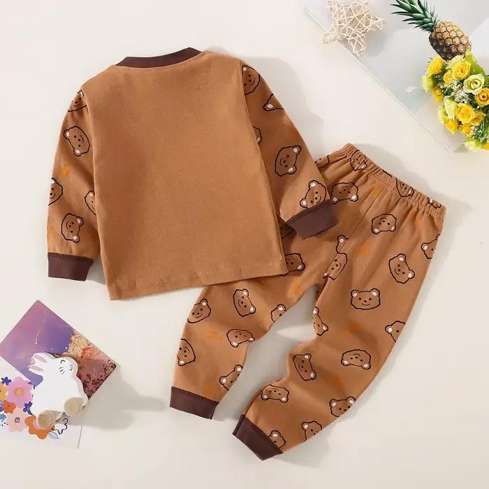 Ensemble de sous-vêtements pour garçons en coton avec lettrage et motif d'ours, haut à manches longu