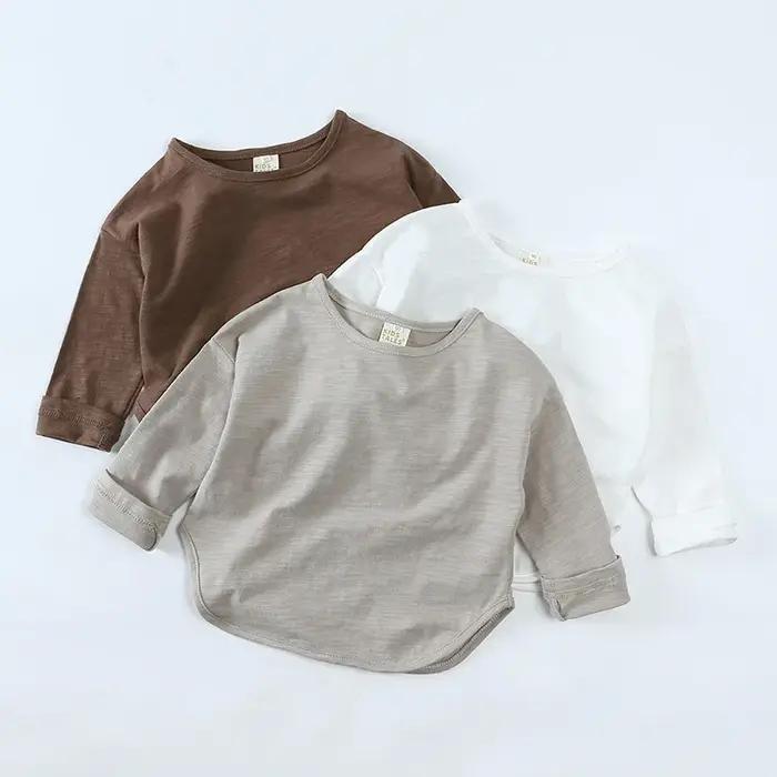 T-shirt à manches longues et col rond pour bébé garçon et fille, en coton, simple et décontracté, un