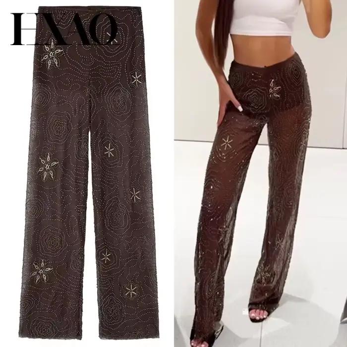 HXAO pantalons pour femmes printemps été 2025 perles marron pantalon paillettes translucides taille