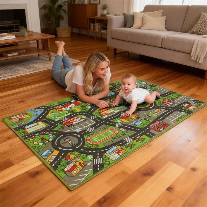 Tapis pour enfants Aiyaplay, tapis éducatif antidérapant pour ramper et jouer avec des voitures