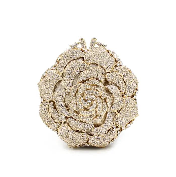 Pochette de luxe en forme de Rose avec strass et diamant, sac à main creux en métal pour Banquet et