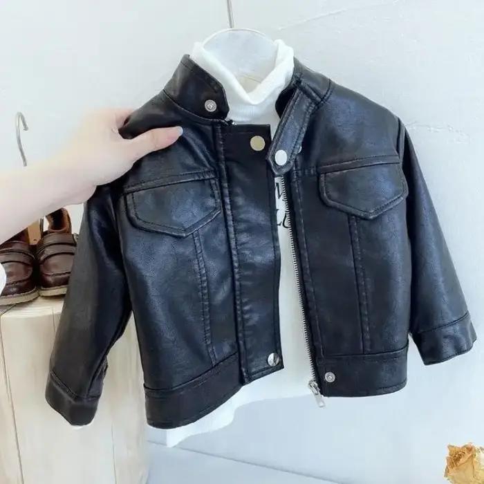 Veste en cuir coréen pour enfants printemps automne veste en cuir PU à col montant pour fille veste