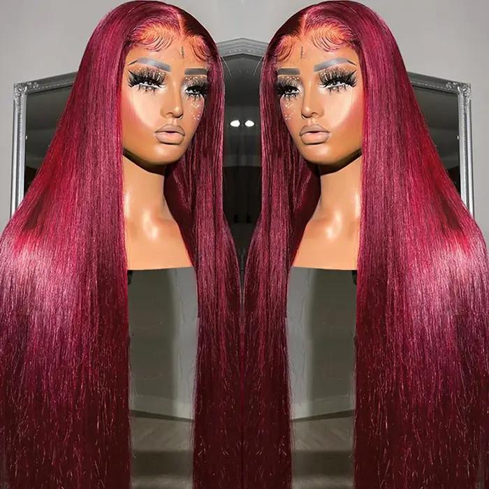 Perruque Lace Front Wig sans colle naturelle, cheveux lisses, rouge bordeaux 99J, 13x6, 13x4 HD, 30