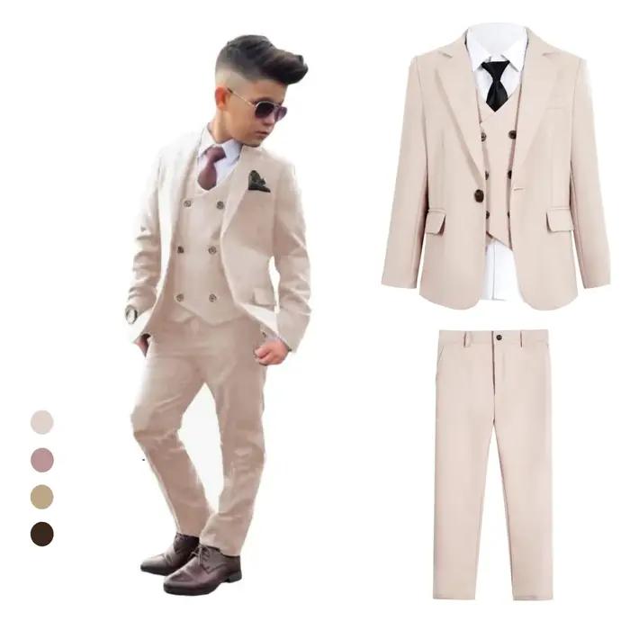 Ensemble de costume 4 pièces solide pour garçon, veste Blazer à bouton unique, gilet, pantalon avec