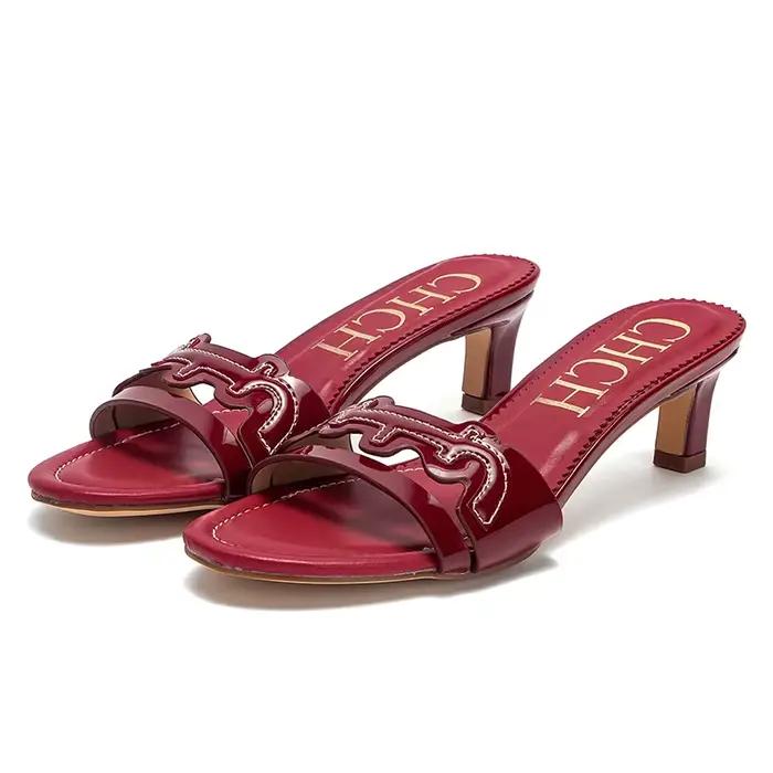 Sandales à talons hauts pour femmes, été, rouge vin, talons hauts décontractés, 5cm