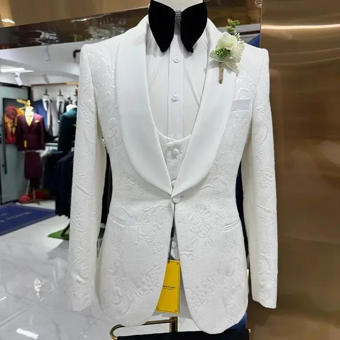 Costumes de mariage Thorndike pour hommes, jacquard blanc avec col en satin noir, smoking 3 pièces,