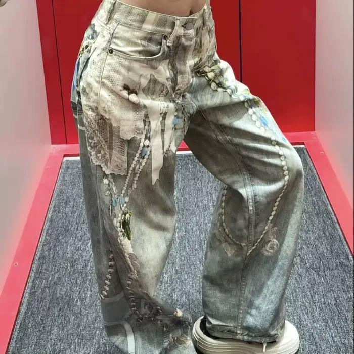 25SS dentelle perle chaîne trompe l'oeil 3D imprimé 1981 jambe droite jean pour hommes et femmes ropa hombre
