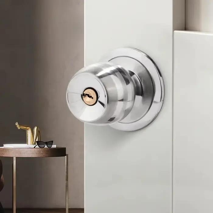 Poignées de porte rondes intérieures, poignées à clé, ensembles de serrures en acier inoxydable pour salle de bain, chambre