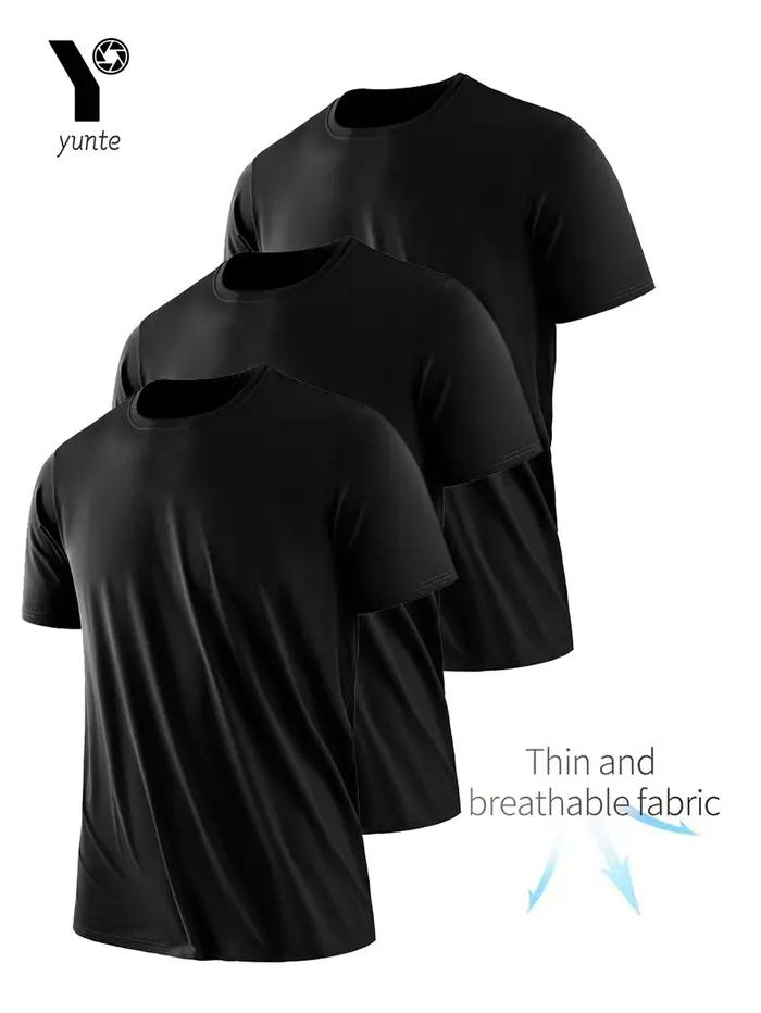 T-shirt col rond 3 pièces noir ultra-léger pour hommes, séchage rapide, respirant, absorbant la sueu