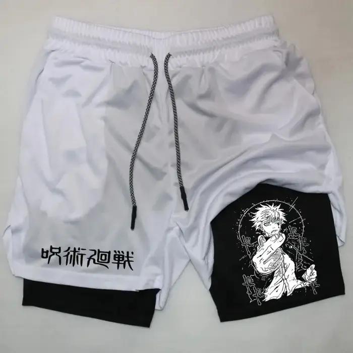 Short de compression 2-en-1 pour hommes, idéal pour la gym, la course et l'athlétisme, motif Anime J