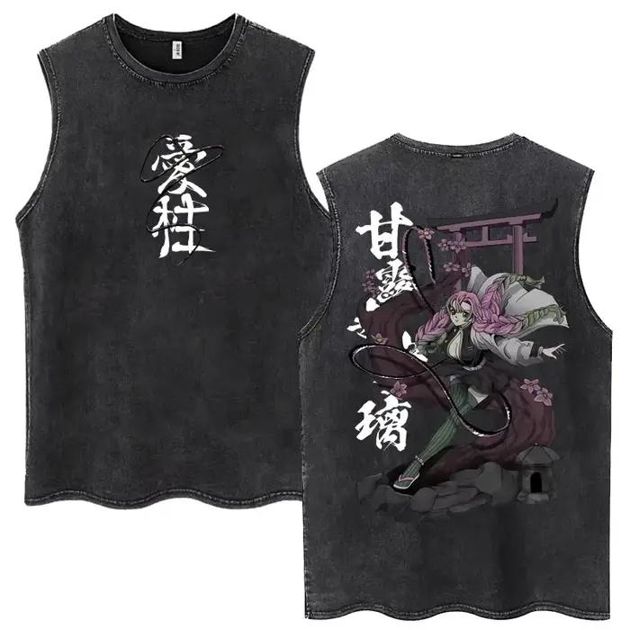 Débardeur en coton sans manches pour hommes et femmes, délavé, Anime Demon Slayer Hashibira Inosuke,
