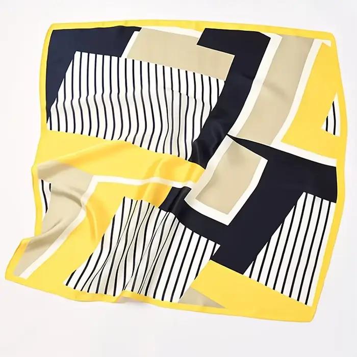Écharpe carrée élégante à rayures bleu marine blanches et jaunes en polyester respirant pour bandes, châles et accessoires de cheveux occasions spéciales