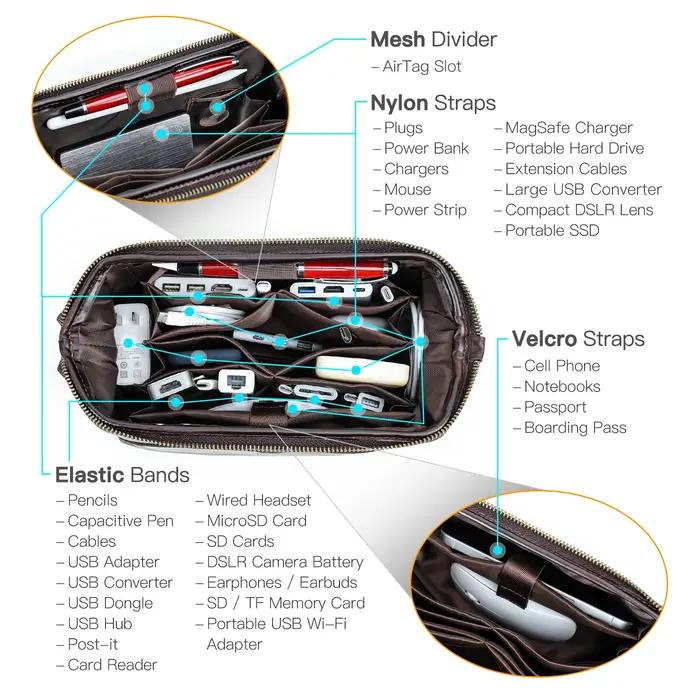 CONTACT'S sacs de rangement de câbles en cuir véritable pour hommes pochette de câble de voyage poch