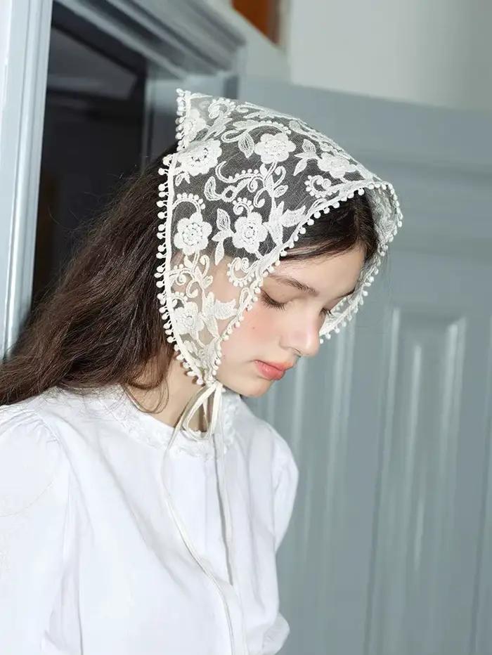 Foulard en dentelle florale tissée blanche pour femmes, enveloppe rétro Triangle, chapeau, bandeau P