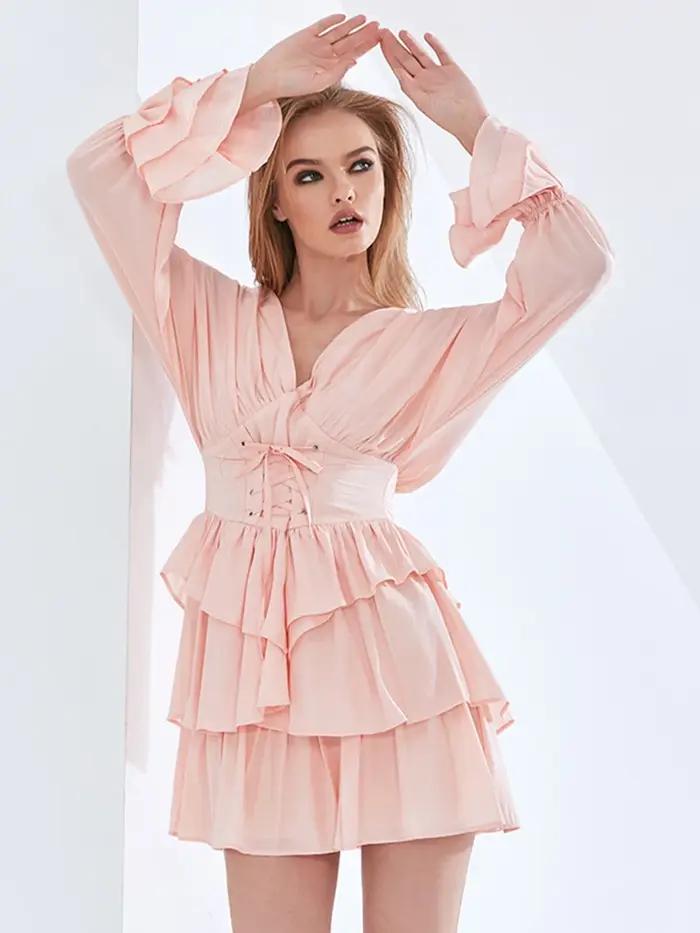 TWOTWINSTYLE – Mini robe à volants et imprimé Floral pour femmes, col en V, manches longues, couleur