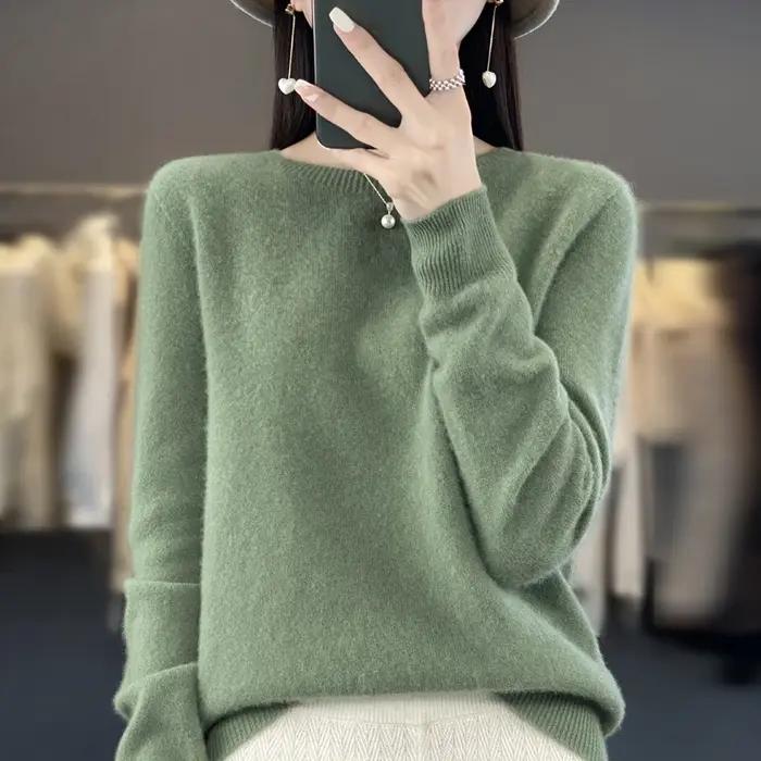 Pull tricoté en laine mérinos Pure pour femme, pull à col rond, sans couture, en cachemire, vêtement