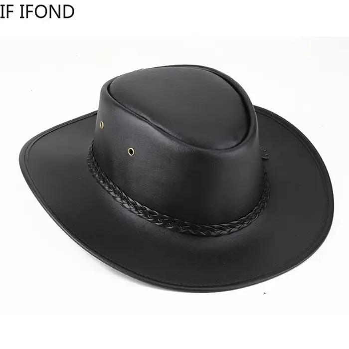 Chapeau de Cowboy Western en Faux Cuir pour Homme, Casquette Vintage de Jazz, de Haute Qualité, Auto