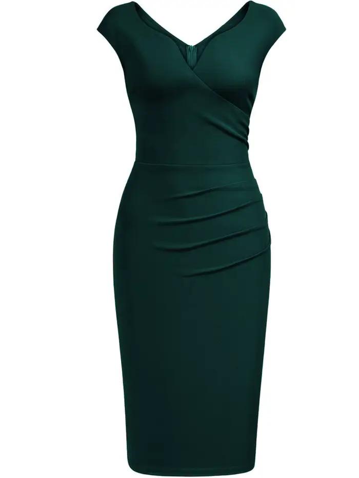 Robe fourreau élégante pour femme, à manches courtes, col en V, froncée, longueur genou, pour cockta