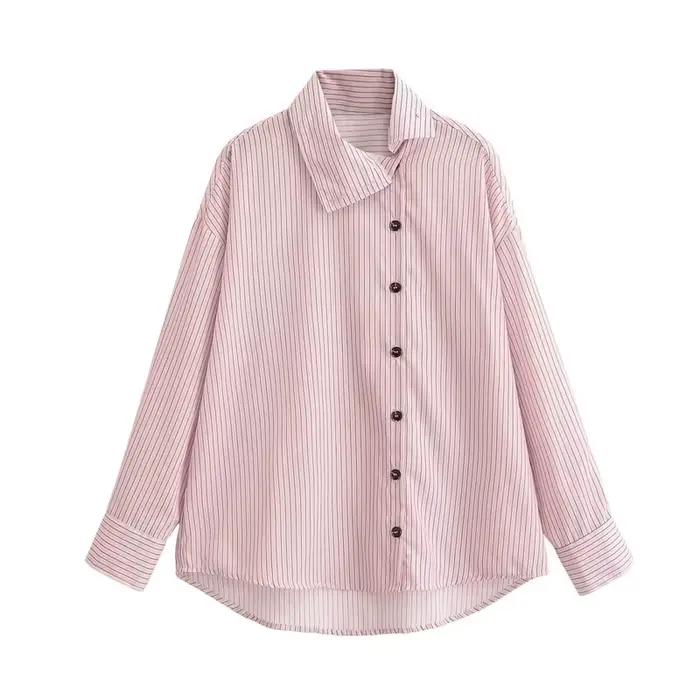 Chemise Femme Printemps 2026 Nouveau Style Rose Rayée Manches Longues Col Montant Boutonnage Simple