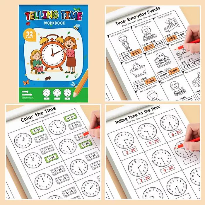 Cahier d'exercices pour enfants sur les concepts de temps d'apprentissage, adapté aux activités de l