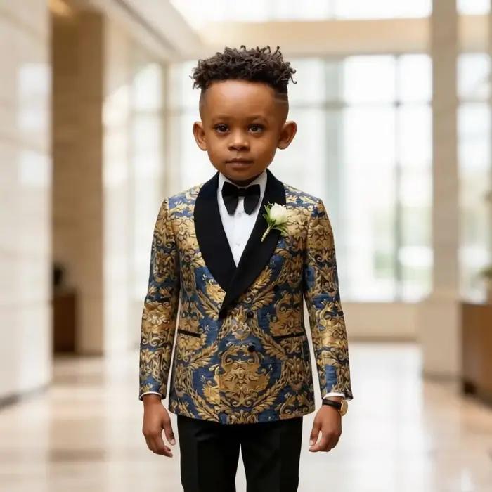 Costume floral pour garçon veste à double boutonnage avec pantalon ensemble deux pièces motif bleu marine pour occasions spéciales enfants
