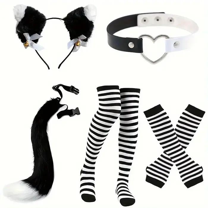 Ensemble de costumes de jeu de rôle à rayures noires et blanches, queue en fourrure, gants et chauss